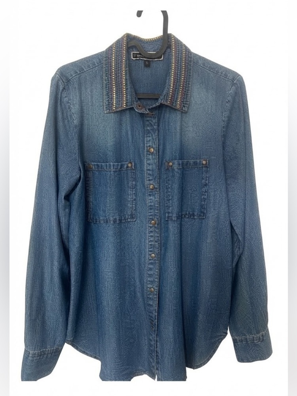 NWOT Melanie Lyne Embellished Rhinestone Collar Denim Shirt 2 Western Boho